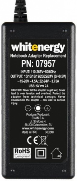 Whitenergy Universal notebook AC adapter 90W + USB, 10 tips