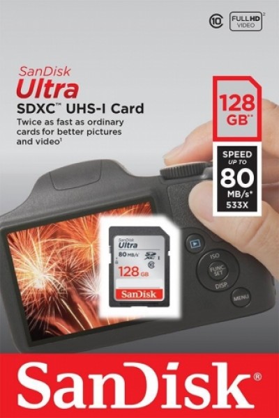 SanDisk Ultra SDXC memory card 128GB Class 10 UHS-I, Read: up to 80MB/s