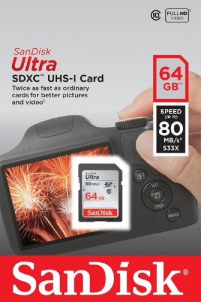 SanDisk Ultra SDXC memory card 64GB Class 10 UHS-I, Read: up to 80MB/s